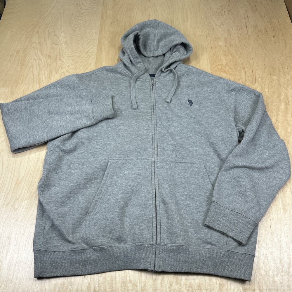 U.S. Polo Assn Gray Full Zip Hoodie Mens 2XL Embroidered Blue Pony Sweatshirt